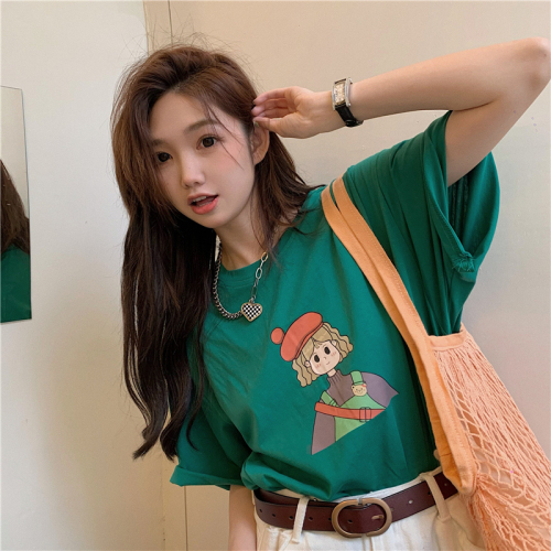 Green Cute short sleeved T-shirt women's summer 2022 new Korean loose foreign style age reducing top looks thin and versatile