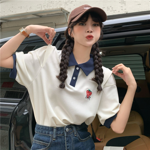 Real shooting real price summer Korean version design sense loose letter embroidery college style polo shirt contrast Lapel T-shirt