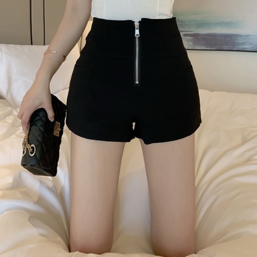 Summer new port style black casual zipper shorts women's fashion slim fit High Waist Wide Leg Pants slim pants