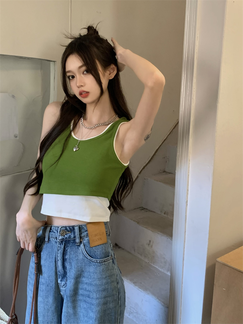 Real shooting real price retro Spice Girls contrast short style irregular folding sleeveless fake two-piece vest women's fashion
