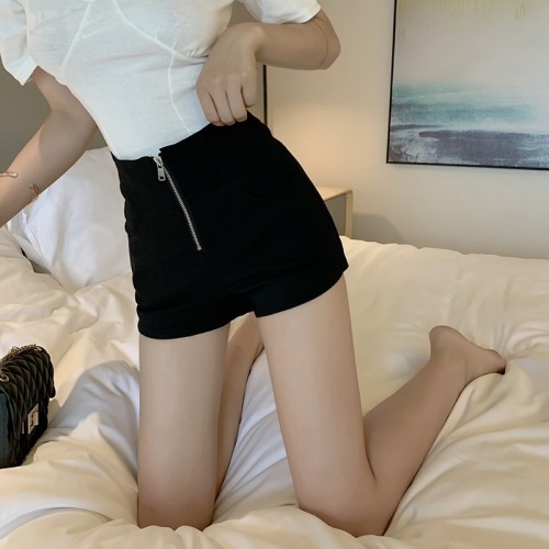 Summer new port style black casual zipper shorts women's fashion slim fit High Waist Wide Leg Pants slim pants