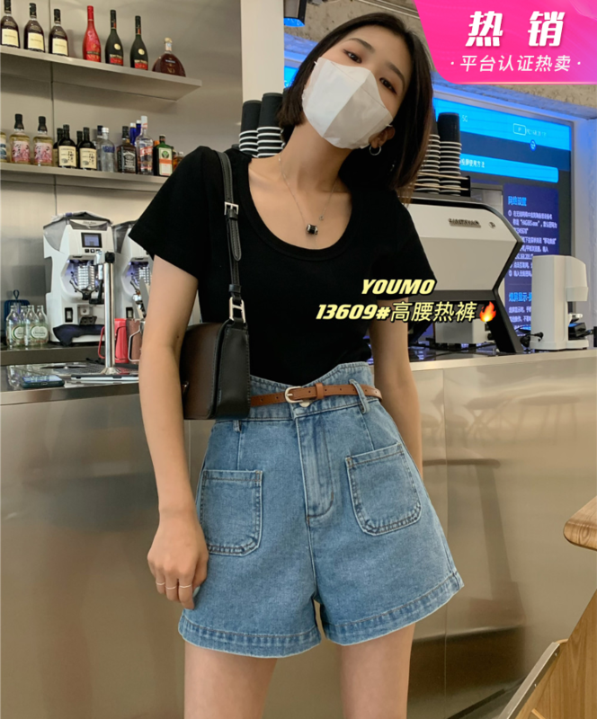 [plain blue] high waist design, vintage and thin denim shorts (with belt) 13609 blue-13609-1 black # LSL