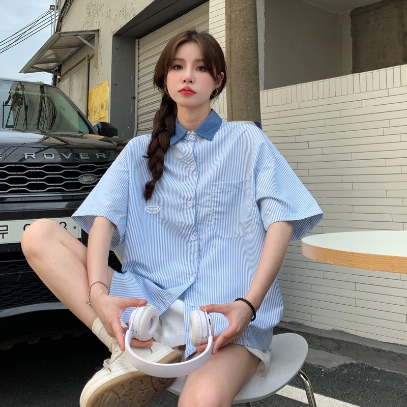 Real price Hong Kong Style Blue Stripe Shirt women's small collar shirt loose casual half sleeve top