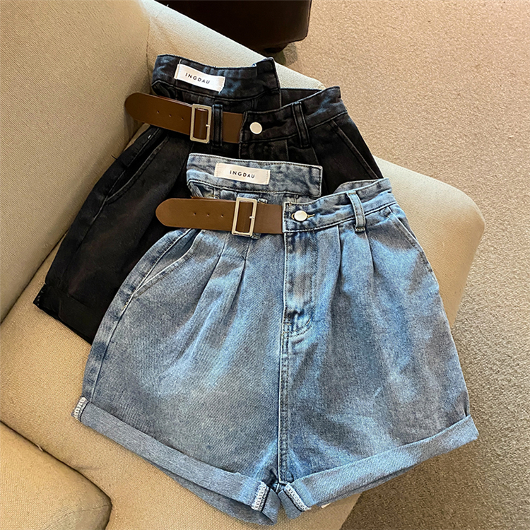 Real shooting irregular high waist denim shorts summer 2022 new loose thin wide leg pants crimped hot pants