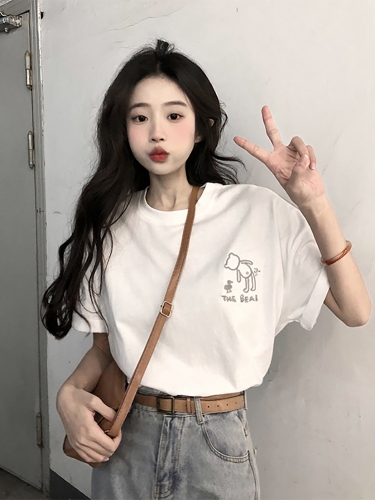 Little bear T-shirt women's New Retro Japanese print loose white round neck versatile short sleeve top