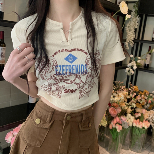 Official figure Imitation cotton rib 90% polyester 10% spandex sweet and spicy letter printing short sleeve T-shirt for women in summer