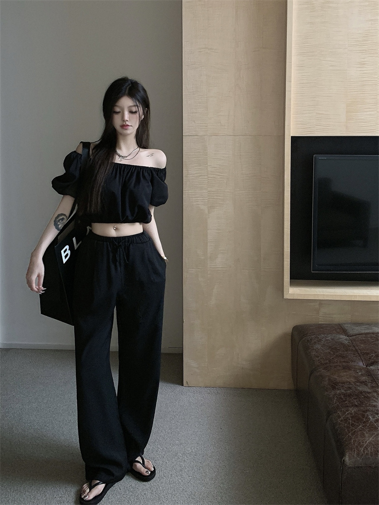 Hong Kong style one shoulder bubble sleeve shirt women's summer thin French retro loose short sleeved top set fashion