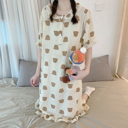 Real shooting pajamas women's summer cotton can wear short sleeved Pullover nightdress cartoon lovely leisure suit