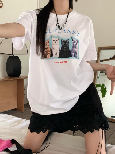 Real shot Korean cat print ins loose and versatile Casual Short Sleeve round neck T-Shirt Top