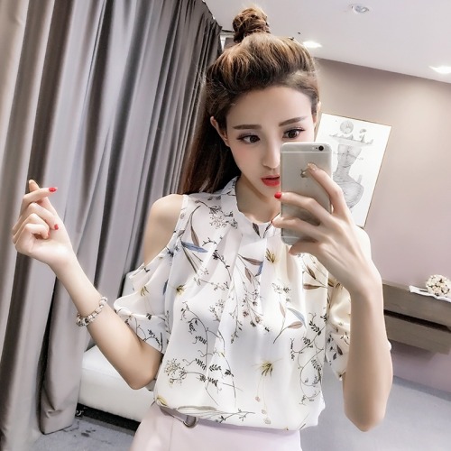 2022 summer new Korean fashion off shoulder printed chiffon blouse floral blouse women