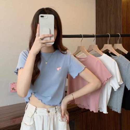 Summer small strawberry embroidered short T-shirt women's 2022 new style thin short sleeved shirt with irregular ear edge