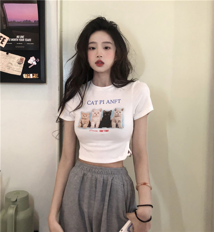 Real shooting irregular short print T-shirt summer 2022 new design niche sweet girl slim short top