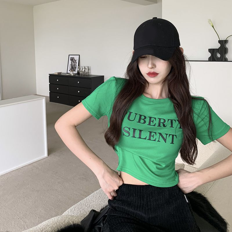 Short sleeved T-shirt women's inner short bottomed shirt shows thin slim European and American letter top