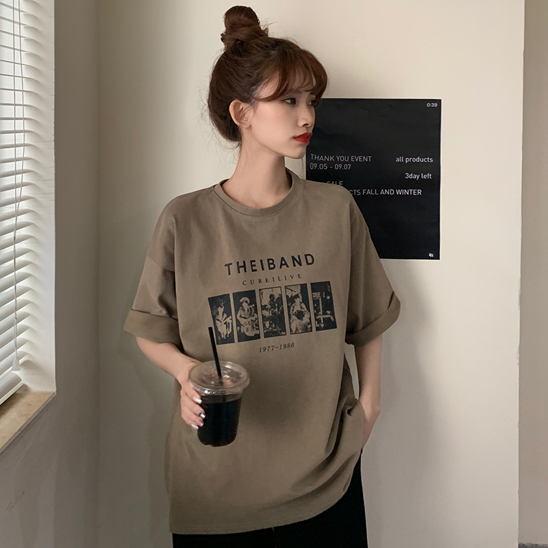 Hong Kong style fashion printed short sleeved T-shirt women's new loose Korean ins fashion half sleeved student top women