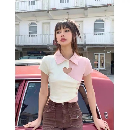 Hollow out love color contrast polo shirt female spring and summer Korean 2022 new sweet and spicy slim short sleeved top