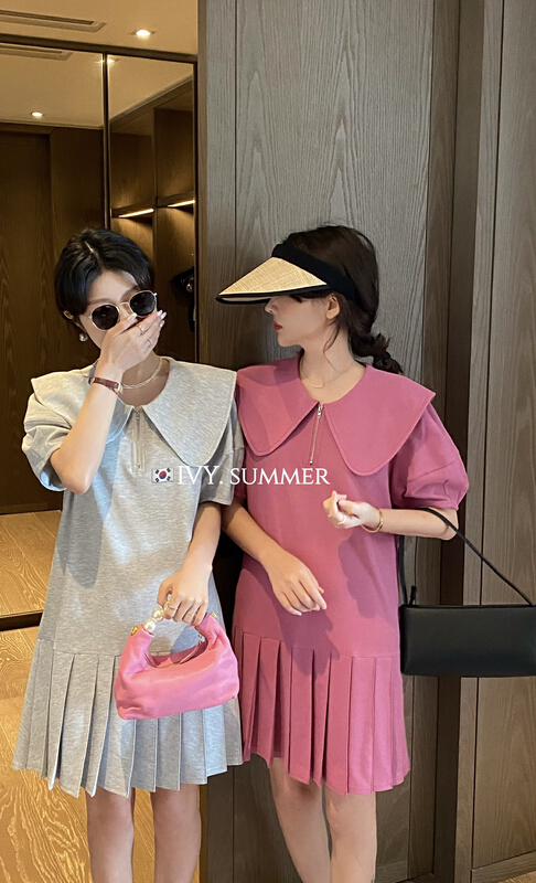 [Ivy] Korean style large lapel pleated casual dress 88251# XJ