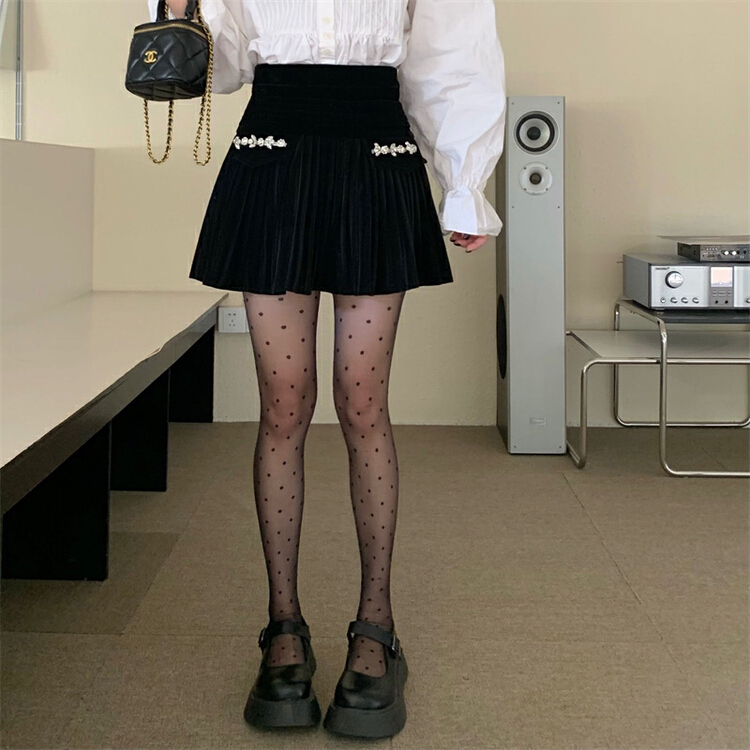 New year in early spring! [timely rain] Han Feng ins sweet design Rhinestone velvet high waist slim and versatile pleated skirt ys1-00058# YYW