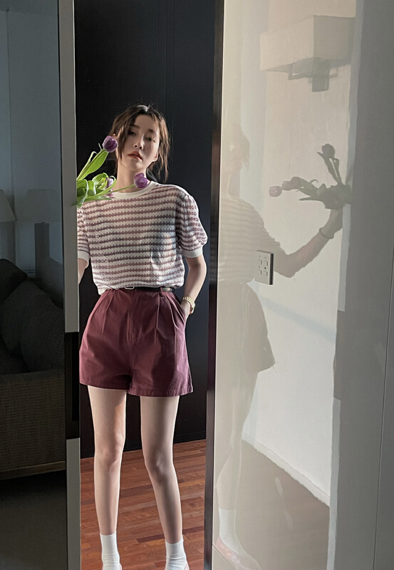 [t-too] simple and versatile solid color slim casual shorts (with belt) 882927# LSL
