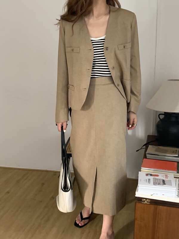 New year in early spring! [Tn] Korean cotton linen temperament short coat + simple and versatile skirt set l8113# cqw