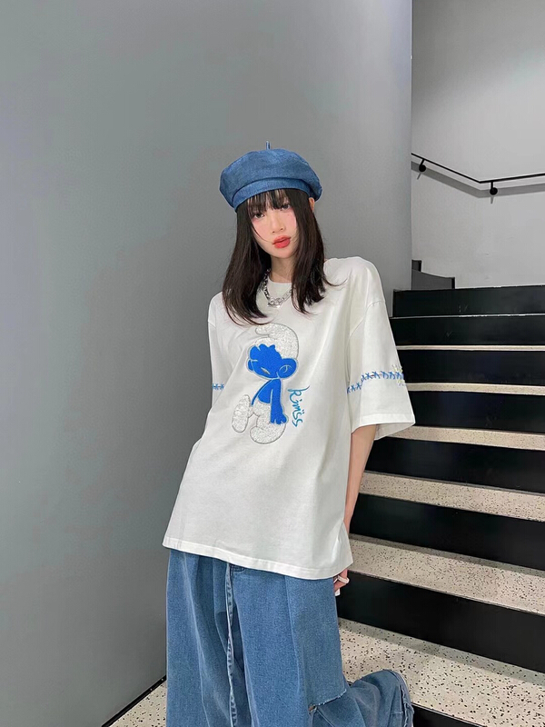 New in early summer! [Nancy] trendy Sequin heavy industry Smurf fashion loose short sleeve T-shirt a8971# WPL