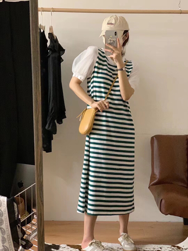 [Hello] knitted stripe stitched Organza Lantern Sleeve Dress ys-6337# lwy