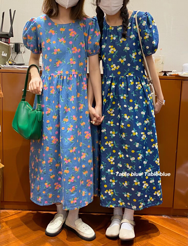 New in early summer! [table blue] Vintage contrast floral dress 2116# LSW