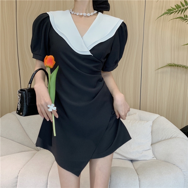 [yes] design stitching double-layer Ruffle collar pleated waist dress 33039# ozq