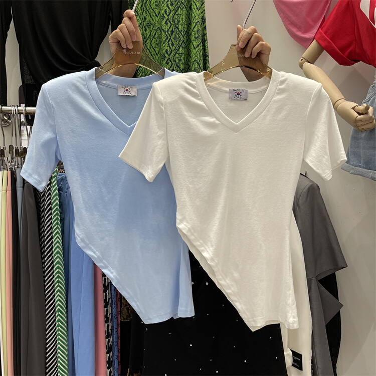 New in early summer! [show] Korean version solid color asymmetric short sleeve T-shirt 88176# ozq