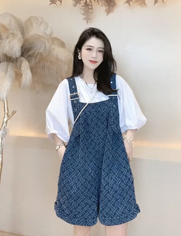 [JH] Korean version solid color short sleeve + wash denim suspender suit 41545# PCZ