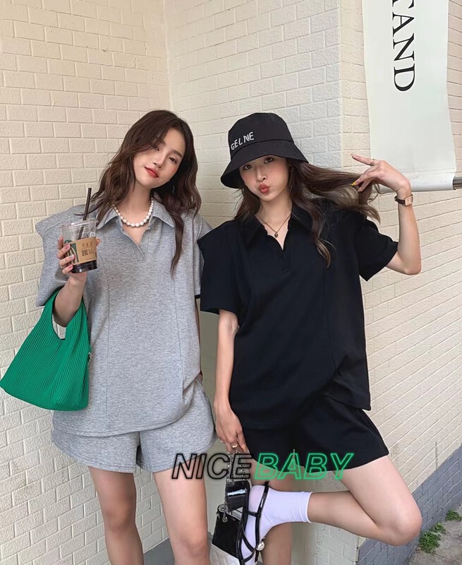 [nice baby] Korean version right angle shoulder solid short sleeve + casual versatile Shorts Set 8927# WTT