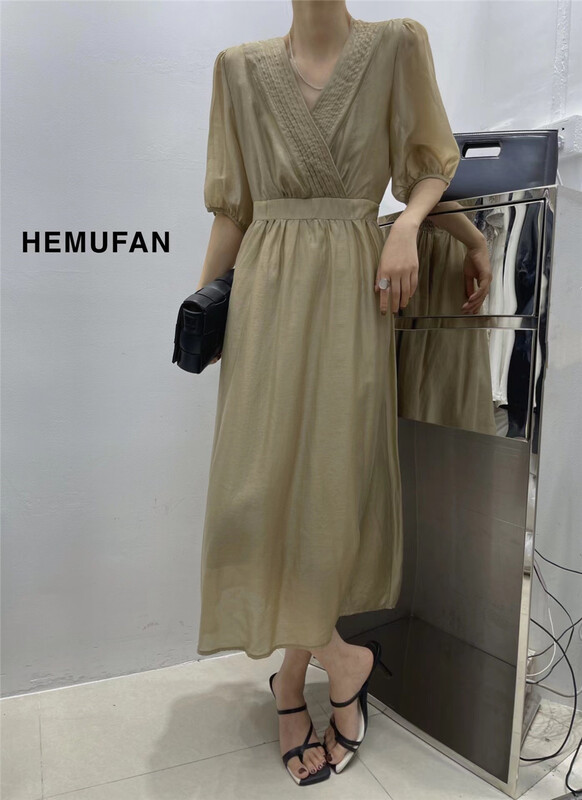 【HEMUFAN赫木梵】V領壓褶淑女連衣裙  ZH3565#  L