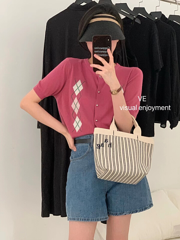 [ve] round neck checkered fashion knitted cardigan 5586# HBx