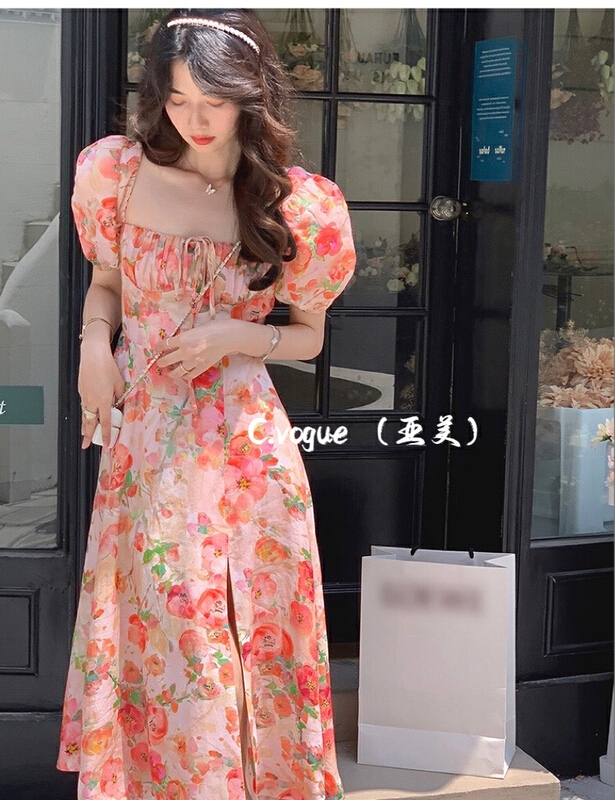 [c.vogue] temperament print waist closing dress 2871# PCZ