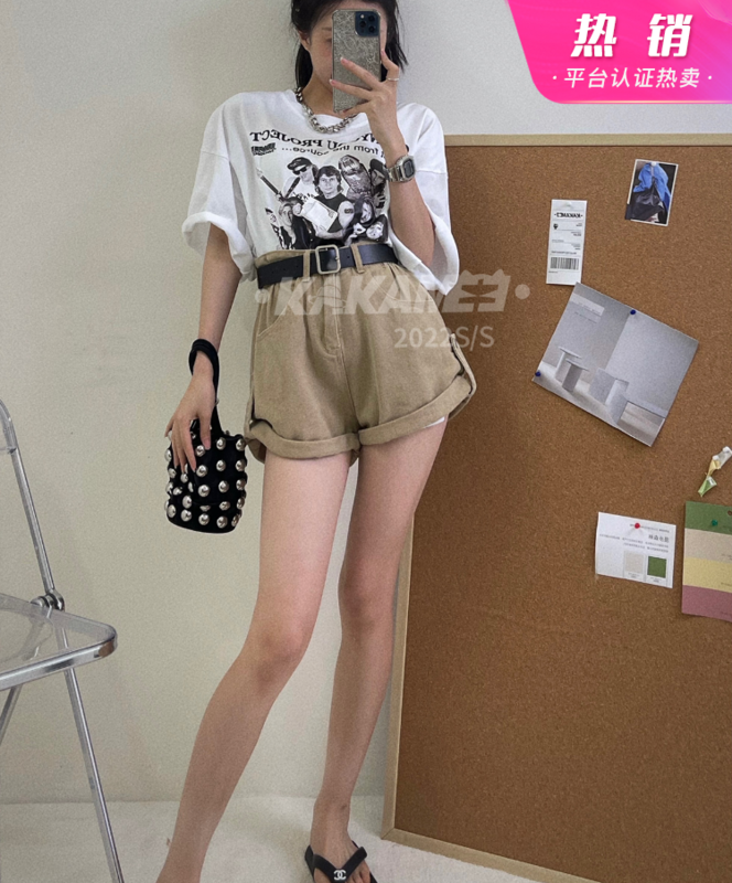 [kakamee] high waist design work clothes crimped denim shorts (with belt) ys1-1501# LSL