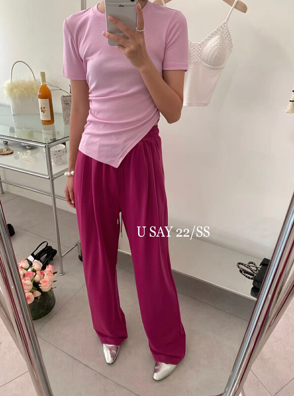 [u say] simple solid color vertical elastic waist tie casual pants 65911# LSL
