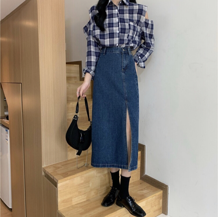New year in early spring! [Gangan] Korean retro versatile high waist slim medium length split denim skirt 8429# ll
