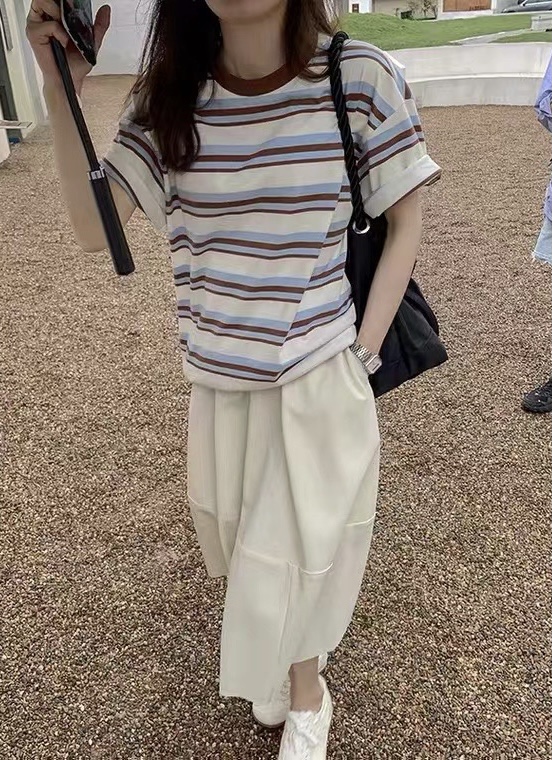 [Amy] Korean color blocking stripe thin short sleeve T-shirt 8132# WTT
