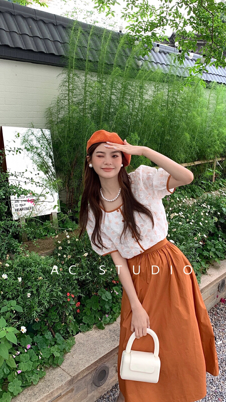 [A.C] Korean style square neck shirt + slim and versatile skirt suit 11570# LSL