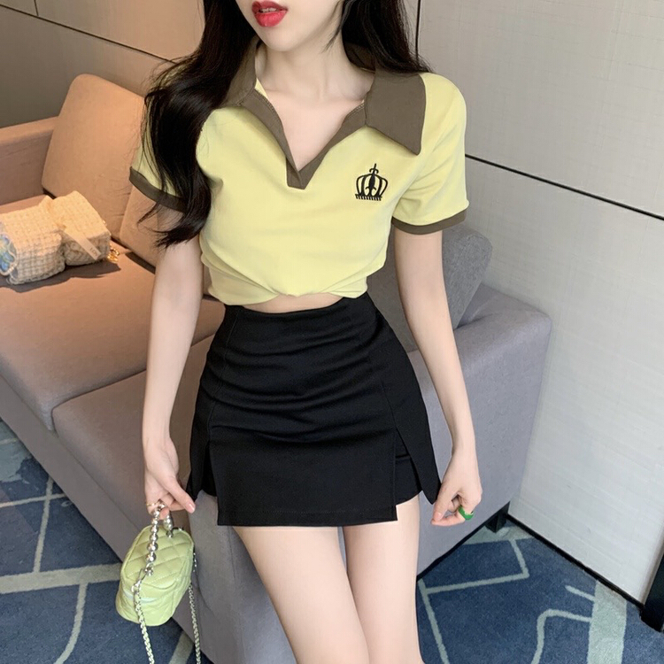 [yes] Korean color contrast Lapel short sleeve T-shirt + slim split skirt suit 5053# ozq