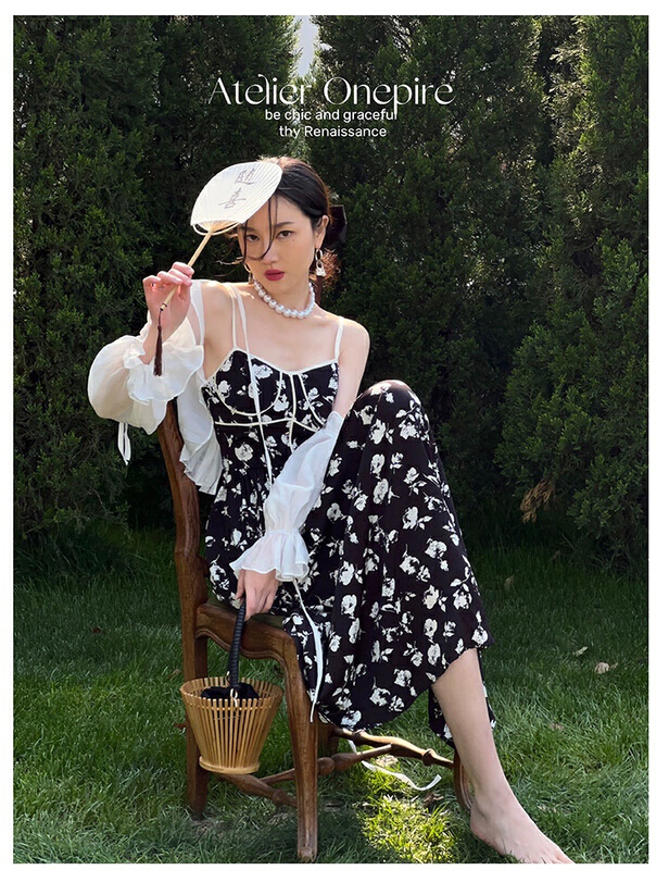 [w design] French Retro Black and white print slim suspender dress 21191# WPL