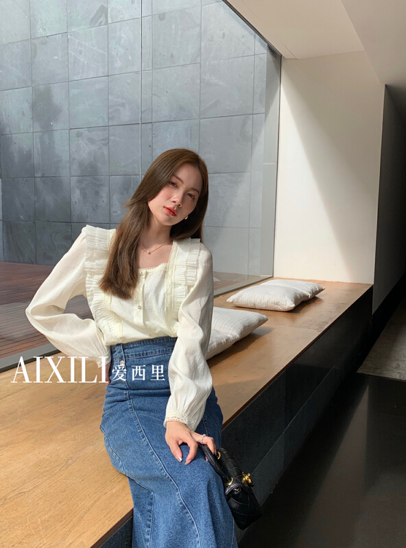 goods in stock! New year in early spring! [aixili aisili] Korean version square neck pearl button blouse 6107# WPL