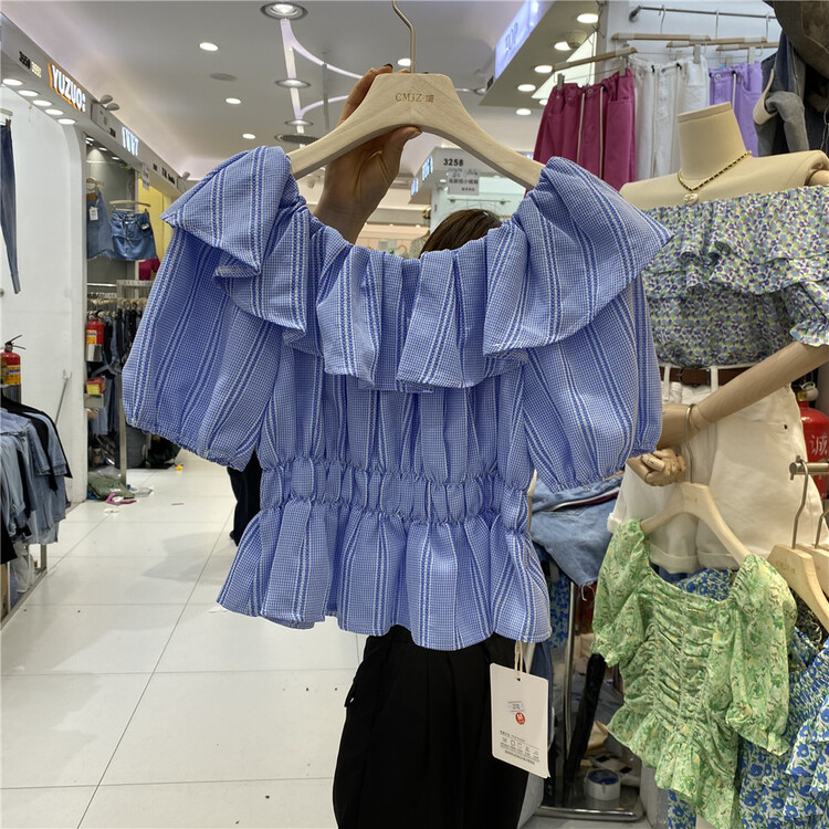 [chuanmujingzi] French one shoulder plaid shirt 3518# WPL