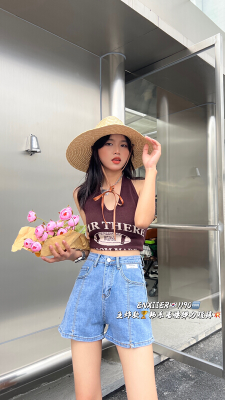 New in early summer! [en Xier] high waist version a elastic denim shorts em1190# L