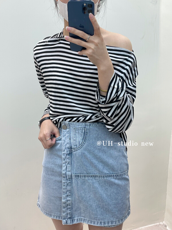 [uh] design sense snap button off shoulder sunscreen long sleeve T-shirt 7795# hjy