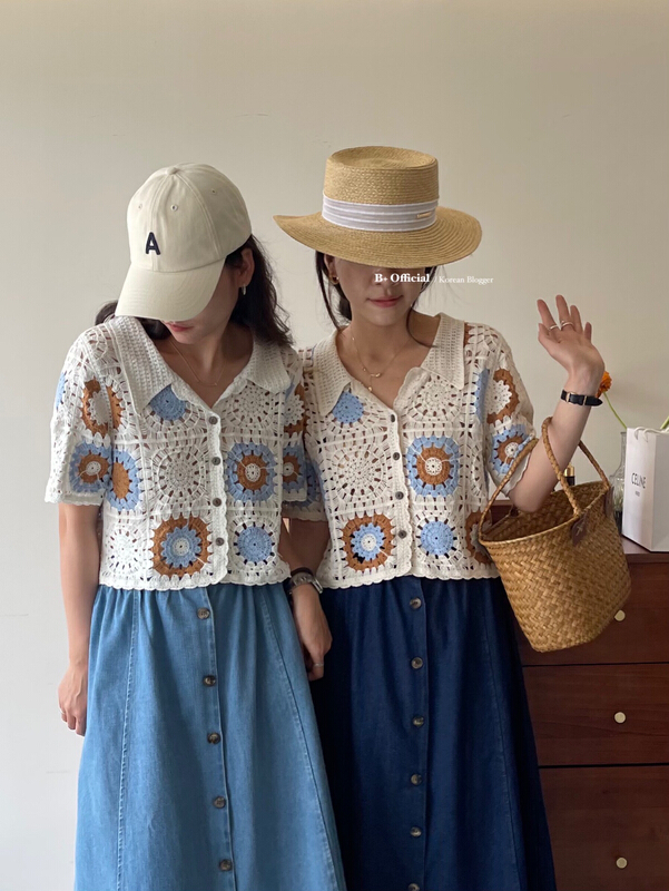 New in early summer! [B plus] three dimensional three color hook flower refreshing shirt 22-9187-2# HBx