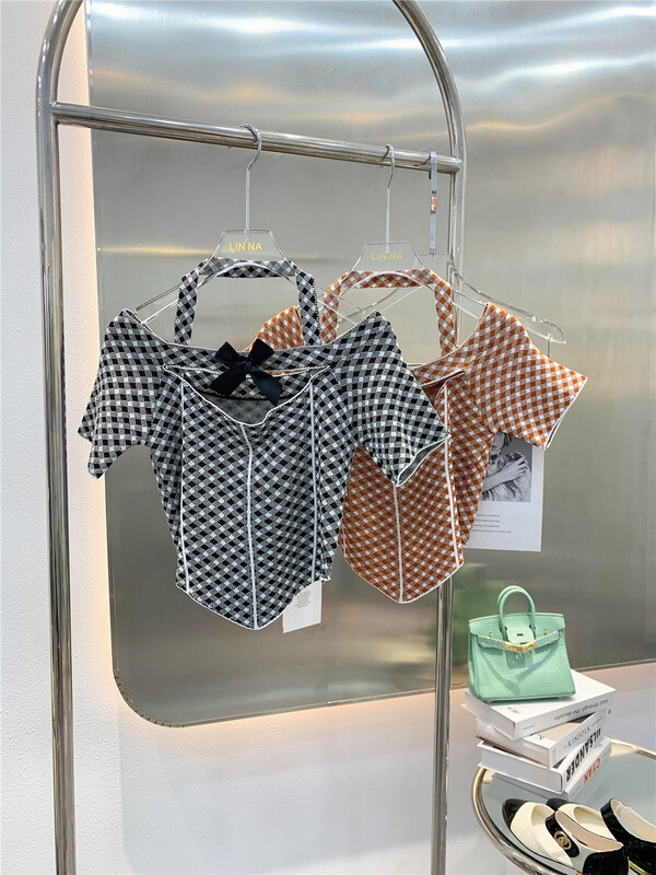 [Linna] Korean off shoulder short plaid shirt 82811# zxx