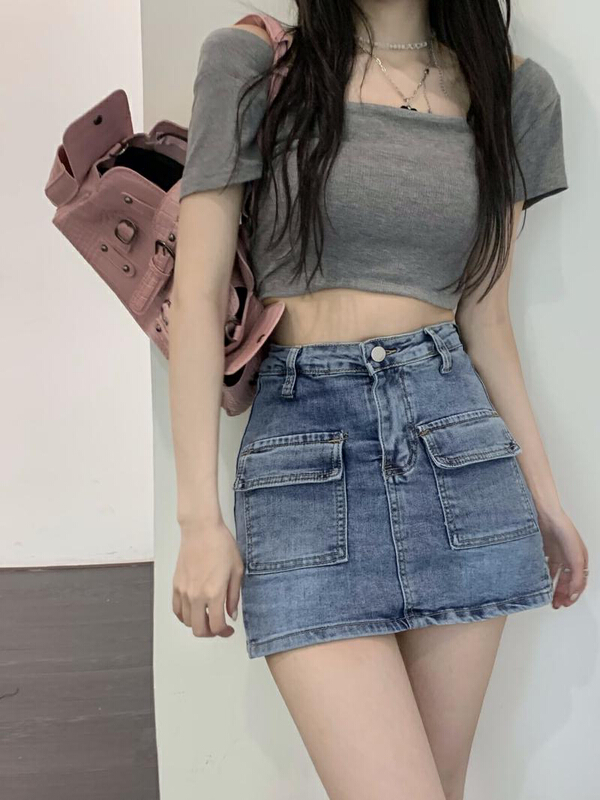[ten. Ten] New Korean version ins large pocket bag hip slim denim skirt 3995# WPL