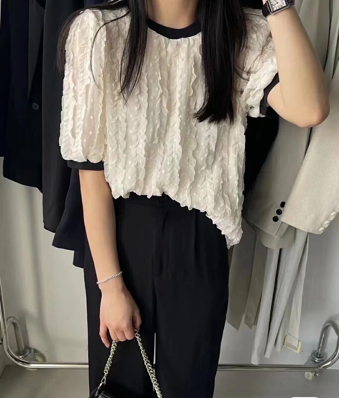 [Xiaoxiaojia] contrast color bonded lace temperament small shirt 80537# WTT
