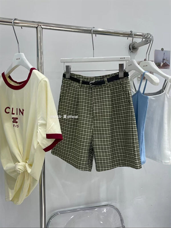 New in early summer! [Miss Jia] versatile basic Plaid five point trousers (with belt) 877# XYY