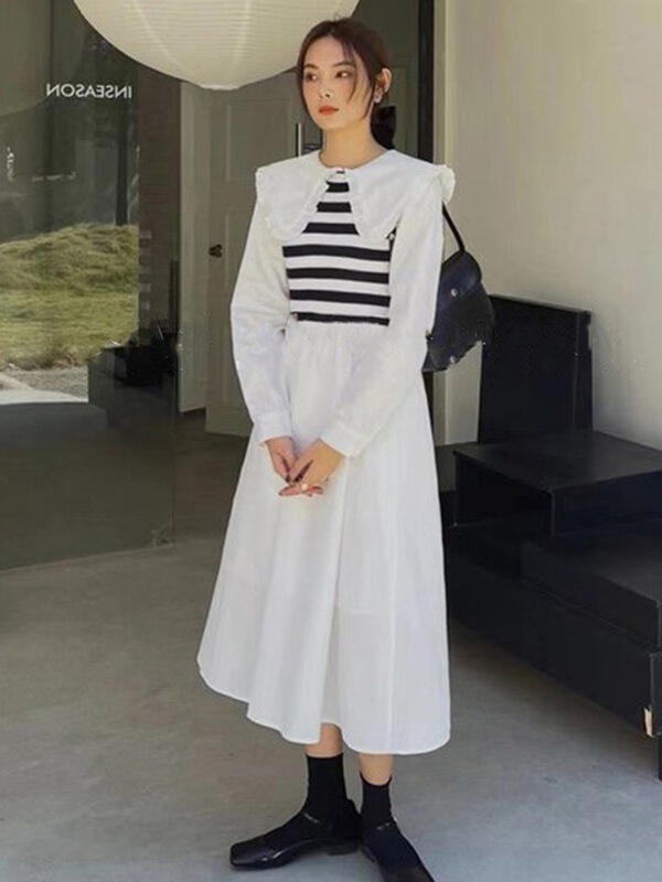 New year in early spring! [purple potato home] color matching striped baby collar dress 776# HBx